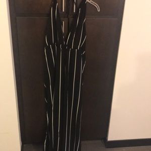 Black and white pinstripe halter jumpsuit